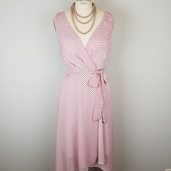 Lapis & Lillies Blush Pink & Black Dot Faux Wrap Chiffon Dress * Small * NEW Tag - Picture 1 of 9